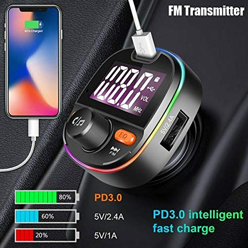 Transmisor FM Bluetooth V5.0, Adaptador de Radio de Coche 2 USB Puertos, Carga Rápido PD3.0 con Micrófono y Altavoz, Siri Google, Efectos de bajo, funci¨®n de Memoria, con 7 Modos de luz de Colores