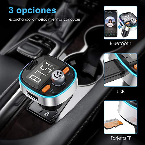 Transmisor FM Bluetooth V5.0, Adaptador de Radio de Coche 2 USB Puertos, Carga Rápido PD3.0 con Micrófono y Altavoz, Siri Google, Efectos de bajo, funci¨®n de Memoria, con 7 Modos de luz de Colores