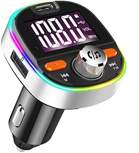 Transmisor FM Bluetooth V5.0, Adaptador de Radio de Coche 2 USB Puertos, Carga Rápido PD3.0 con Micrófono y Altavoz, Siri Google, Efectos de bajo, funci¨®n de Memoria, con 7 Modos de luz de Colores