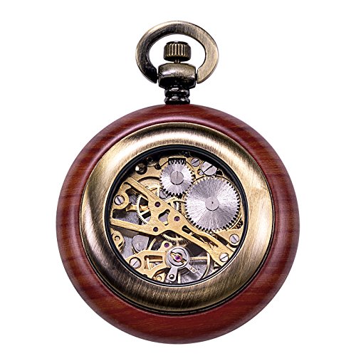 TREEWETO Reloj de bolsillo mecánico de madera vintage para hombres y mujeres, esfera de esqueleto steampunk con cadena + caja de regalo