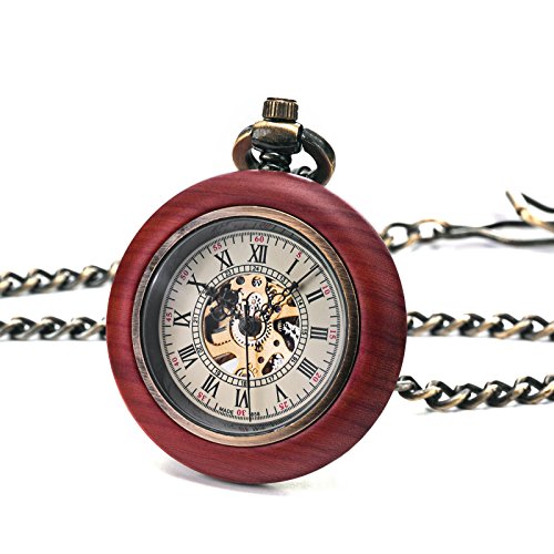 TREEWETO Reloj de bolsillo mecánico de madera vintage para hombres y mujeres, esfera de esqueleto steampunk con cadena + caja de regalo