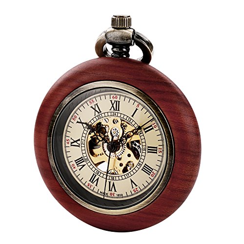 TREEWETO Reloj de bolsillo mecánico de madera vintage para hombres y mujeres, esfera de esqueleto steampunk con cadena + caja de regalo