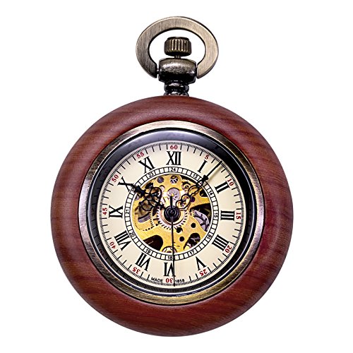TREEWETO Reloj de bolsillo mecánico de madera vintage para hombres y mujeres, esfera de esqueleto steampunk con cadena + caja de regalo