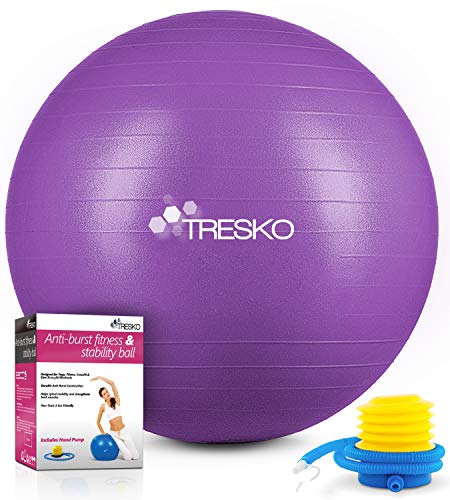TRESKO® Pelota de Gimnasia Anti-Reventones | Bola de Yoga Pilates y Ejercicio | Balón para Sentarse | Balon de Ejercicio para Fitness | 300 kg | con Bomba de Aire | Púrpura | 65cm