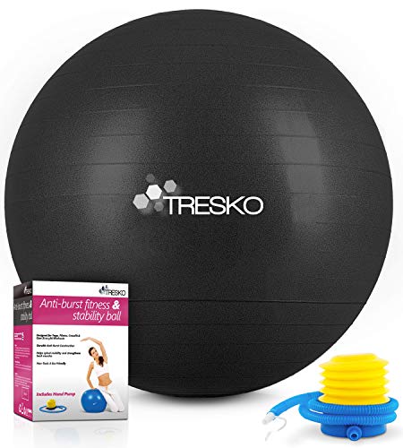 TRESKO® Pelota de Gimnasia Anti-Reventones | Bola de Yoga Pilates y Ejercicio | Balón para Sentarse | Balon de Ejercicio para Fitness | 300 kg | con Bomba de Aire | Negro | 85cm