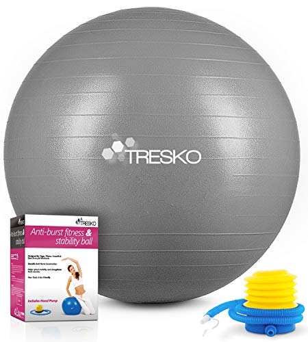 TRESKO® Pelota de Gimnasia Anti-Reventones | Bola de Yoga Pilates y Ejercicio | Balón para Sentarse | Balon de Ejercicio para Fitness | 300 kg | con Bomba de Aire | Gris | 55cm