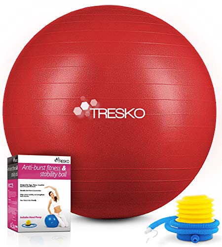 TRESKO® Pelota de Gimnasia Anti-Reventones | Bola de Yoga Pilates y Ejercicio | Balón para Sentarse | Balon de Ejercicio para Fitness | 300 kg | con Bomba de Aire | Rojo | 55cm