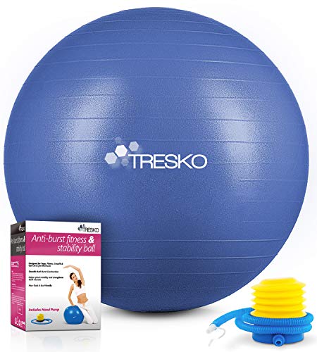 TRESKO® Pelota de Gimnasia Anti-Reventones | Bola de Yoga Pilates y Ejercicio | Balón para Sentarse | Balon de Ejercicio para Fitness | 300 kg | con Bomba de Aire (Azul índigo, 55cm)