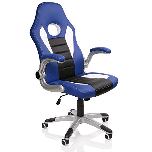 TRESKO® Silla de Oficina Racing Gaming giratoria, Escritorio Ordenador, 4 Colores Diferentes, reposabrazos Acolchados y Regulables, Mecanismo de inclinación basculante (Azul/Blanco/Negro)