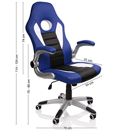 TRESKO® Silla de Oficina Racing Gaming giratoria, Escritorio Ordenador, 4 Colores Diferentes, reposabrazos Acolchados y Regulables, Mecanismo de inclinación basculante (Azul/Blanco/Negro)