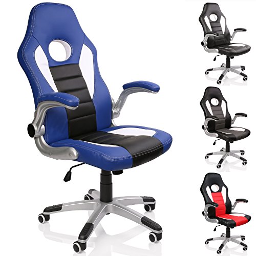 TRESKO® Silla de Oficina Racing Gaming giratoria, Escritorio Ordenador, 4 Colores Diferentes, reposabrazos Acolchados y Regulables, Mecanismo de inclinación basculante (Azul/Blanco/Negro)