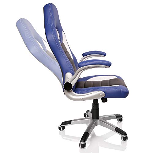 TRESKO® Silla de Oficina Racing Gaming giratoria, Escritorio Ordenador, 4 Colores Diferentes, reposabrazos Acolchados y Regulables, Mecanismo de inclinación basculante (Azul/Blanco/Negro)