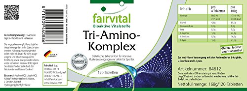 Tri-Amino-Complex - Complejo de Aminoácidos VEGANO - L-Arginina + Lisina + Ornitina - 120 Comprimidos - Calidad Alemana Tri-Amino-Complex - Complejo de Aminoácidos VEGANO - L-Arginina + Lisina + Ornitina - 120 Comprimidos - Calidad Alemana
