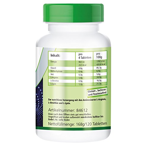 Tri-Amino-Complex - Complejo de Aminoácidos VEGANO - L-Arginina + Lisina + Ornitina - 120 Comprimidos - Calidad Alemana Tri-Amino-Complex - Complejo de Aminoácidos VEGANO - L-Arginina + Lisina + Ornitina - 120 Comprimidos - Calidad Alemana