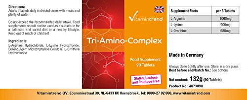Triamino Komplex – Aminoácidos Complex – Arginina, Ornitina y Lisina – Vegano – 90 comprimidos – Crecimiento muscular y reducción de grasa Triamino Komplex – Aminoácidos Complex – Arginina, Ornitina y Lisina – Vegano – 90 comprimidos – Crecimiento muscular y reducción de grasa