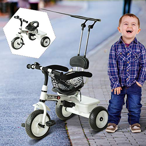 Triciclo para Niños con Capota extraíble y plegable Incluye barra telescópica para los padres Certificado EN71-1-2-3 Color Blanco 103x47x101cm