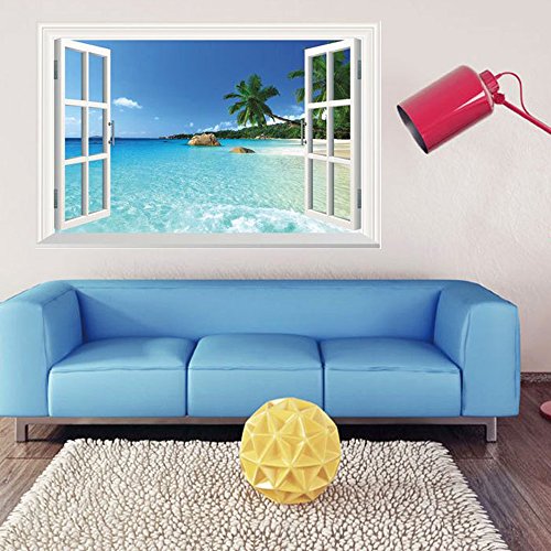 TrifyCore Pegatinas de Pared extraíble 3D Vista al mar Paisaje Vinilo Programa de Papel Tapiz 3D Calcomanías para Ventana Póster Decoración de la Pared Art Mural Pegatina 60cm X 90cm X