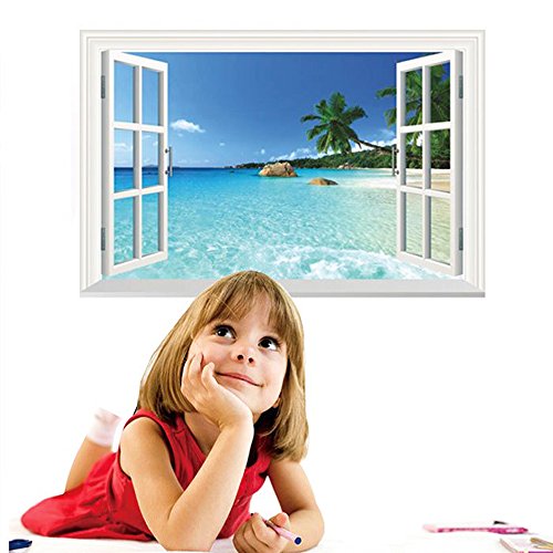 TrifyCore Pegatinas de Pared extraíble 3D Vista al mar Paisaje Vinilo Programa de Papel Tapiz 3D Calcomanías para Ventana Póster Decoración de la Pared Art Mural Pegatina 60cm X 90cm X