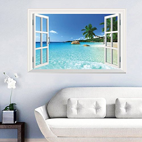 TrifyCore Pegatinas de Pared extraíble 3D Vista al mar Paisaje Vinilo Programa de Papel Tapiz 3D Calcomanías para Ventana Póster Decoración de la Pared Art Mural Pegatina 60cm X 90cm X