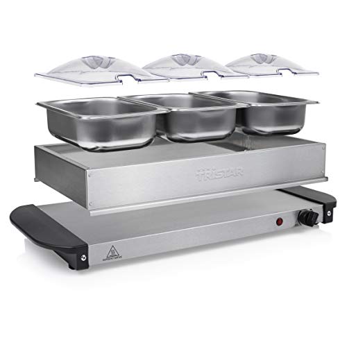 Tristar BP-6283 Servidor de buffet, Capacidad 3 x 2,4 l, Función Mantenimiento Calor y Placa Calientaplatos, Bandeja Alimentos Calientes con Tapas, Temperatura Ajustable, 200 W, Acero Inoxidable