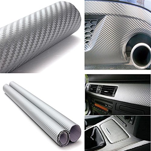 TRIXES 3D Vinilo de Fibra de Carbono Envoltura Adhesiva para Coche - Plata - Rollo para Recubrir de Vinilo - 1,52m x 0,30m - para Interior / Exterior - Efecto Texturizado 3D para Automóvil