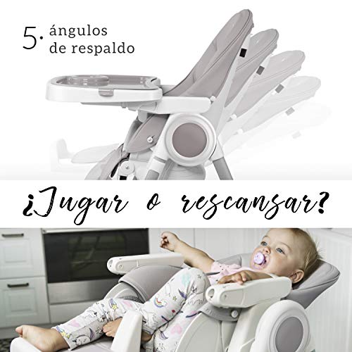 Trona para Bebe Evolutiva, Ajustable y Plegable - 7 Alturas Diferentes, Respaldo para Niño Reclinable 5 Posiciones, Bandeja Extraíble mediante Clip (Limpieza Sencilla), Cojín Bebé Confort