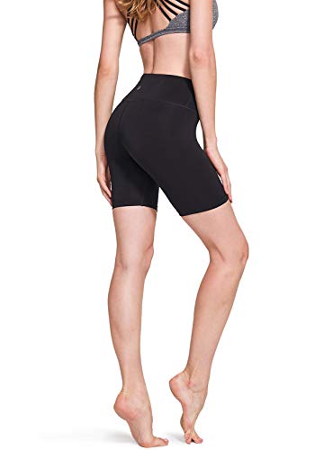 TSLA Fgs17 - Pantalones cortos de yoga para mujer con cintura media y bolsillo oculto, pantalones cortos de entrenamiento y pantalones cortos opacos con elástico atlético, color negro, talla M