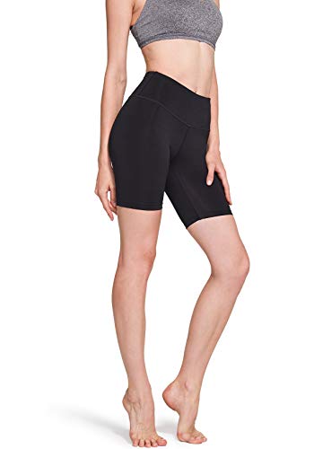 TSLA Fgs17 - Pantalones cortos de yoga para mujer con cintura media y bolsillo oculto, pantalones cortos de entrenamiento y pantalones cortos opacos con elástico atlético, color negro, talla M