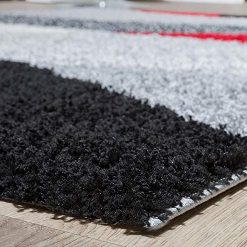 T&T Design - Alfombra lanuda de hilo largo Vigo con estampado en negro, blanco, gris y rojo a un precio excelente, polipropileno, 140 x 200 cm T&T Design - Alfombra lanuda de hilo largo Vigo con estampado en negro, blanco, gris y rojo a un precio excelente, polipropileno, 140 x 200 cm