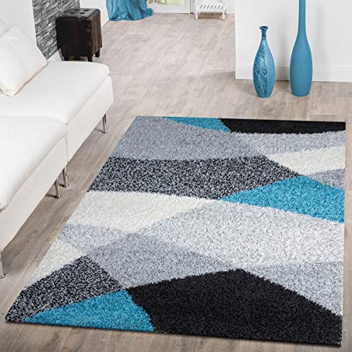 T&T Design - Alfombra lanuda de hilo largo Vigo con estampado en negro, blanco, gris y turquesa a un precio excelente, polipropileno, 140 x 200 cm