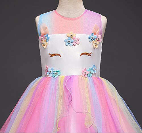 TTYAOVO Chicas Arco Iris Unicornio Fancy Vestido Princesa Flor Desfile de Niños Vestidos sin Mangas Volantes Vestido de Fiesta Talla(130) 5-6 años 439 Rosa