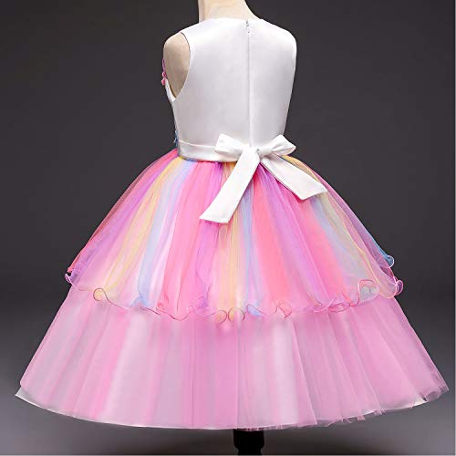 TTYAOVO Chicas Arco Iris Unicornio Fancy Vestido Princesa Flor Desfile de Niños Vestidos sin Mangas Volantes Vestido de Fiesta Talla(130) 5-6 años 439 Rosa