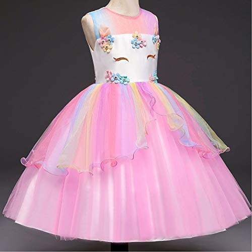 TTYAOVO Chicas Arco Iris Unicornio Fancy Vestido Princesa Flor Desfile de Niños Vestidos sin Mangas Volantes Vestido de Fiesta Talla(130) 5-6 años 439 Rosa