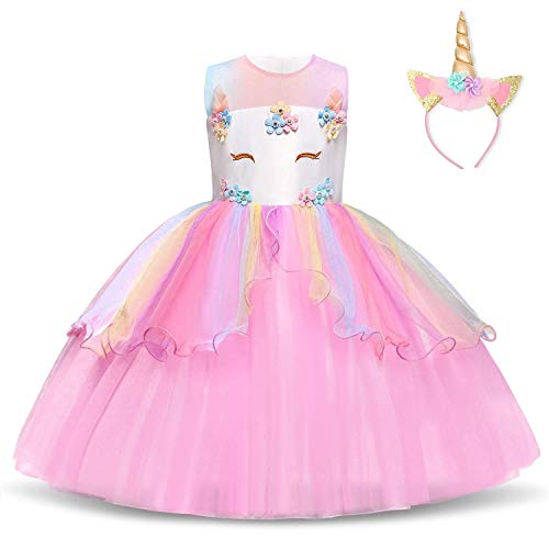 TTYAOVO Chicas Arco Iris Unicornio Fancy Vestido Princesa Flor Desfile de Niños Vestidos sin Mangas Volantes Vestido de Fiesta Talla(130) 5-6 años 439 Rosa