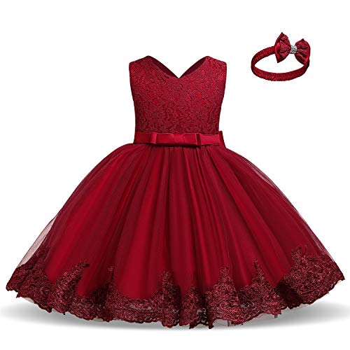 TTYAOVO Vestido de Fiesta de Encaje de Dama de Honor de la Boda de la Princesa de Las Niñas Tamaño(100) 18-24 Meses 06 Rojo