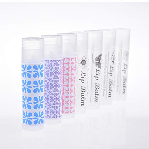 Tubos de bálsamo labial – Paquete de 50 – DIY – Translúcido – 3/16 oz (5.5 ml) – Incluye 50 pegatinas de bálsamo labial impresas – Mecanismo de giro y una tapa – Vacíos – Hacer bálsamo labial natural