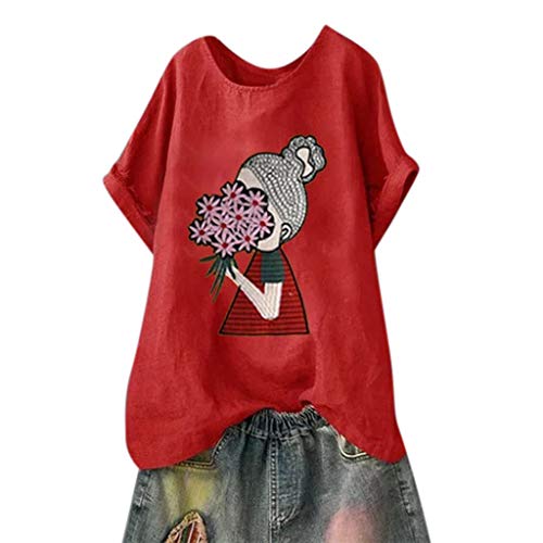 TUDUZ Blusas Mujer Manga Corta Verano Camisas Camiseta de Algodón y Lino con Estampado de Dibujos Animados (Rojo.b, XXL)