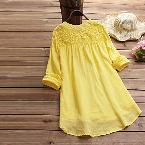TUDUZ Blusas Mujer Manga Larga Tops Bordado De Encaje Floral Camisas Lino Camisetas (Amarillo.b, M) TUDUZ Blusas Mujer Manga Larga Tops Bordado De Encaje Floral Camisas Lino Camisetas (Amarillo.b, M)