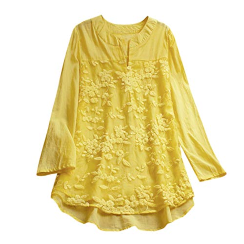 TUDUZ Blusas Mujer Manga Larga Tops Bordado De Encaje Floral Camisas Lino Camisetas (Amarillo.b, M)