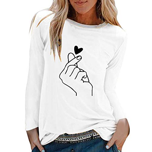 TUDUZ Camisas Mujer Manga Larga Blusas Impresión Tops Cuello Redondo Camisetas (Blanco.a, S)