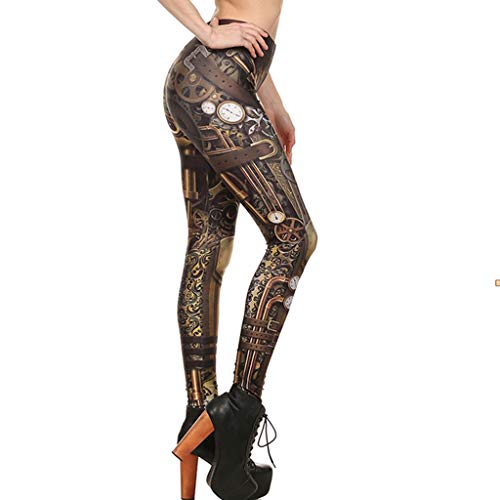 TUDUZ Pantalones Deportivos Mujer Pitillo Elásticos Góticos Leggings Retro Steampunk Comic Cosplay Imprimir (Oro, L)