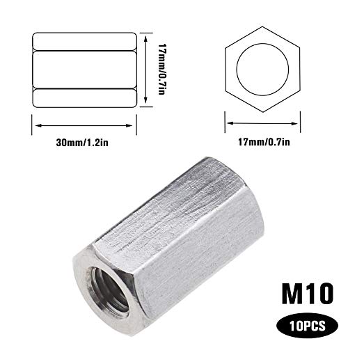 Tuerca de barra larga, tuercas hexagonales, rosca interior, 10 piezas, juego de pernos de pie, rosca recta, extensión hexagonal de acero inoxidable 304, tuerca hexagonal M10 x 30 mm Tuerca de barra larga, tuercas hexagonales, rosca interior, 10 piezas, juego de pernos de pie, rosca recta, extensión hexagonal de acero inoxidable 304, tuerca hexagonal M10 x 30 mm