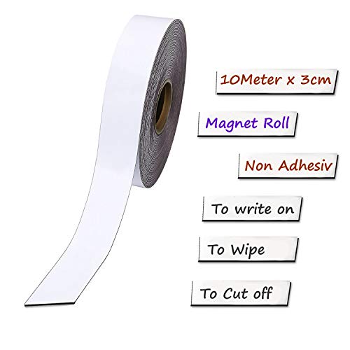 TUKA 10m x 30mm x 1mm Cinta Magnética Reescribible de Etiqueta/Rotular/Marcar, Identificación Imán Rodillo, para Pizarra Blancas, Estante Metálica. Escribir Limpiar Recortar, Blanco TKD9046-3cm