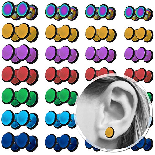 tumundo 1 Par Pendientes Aretes Plug Falso Tunnel Fakeplugs Bucles Piercing Oreja Acero Disco 8 mm Color Cheater Studs, color:arco iris