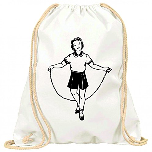 'Turn Bolsa "Comba de Retro de jahrgang de niña de Salto de jugar de cuerda de mujer de ejercicio de fitness con cordón – 100% algodón de bolsa Con Asas De Mochila de bolsa de deporte, Weiß