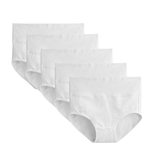 TUUHAW Braguita de Talle Alto Algodón para Mujer Pack de 5 Culotte Bragas de Cintura Alta Cómodo Talla Blanco L