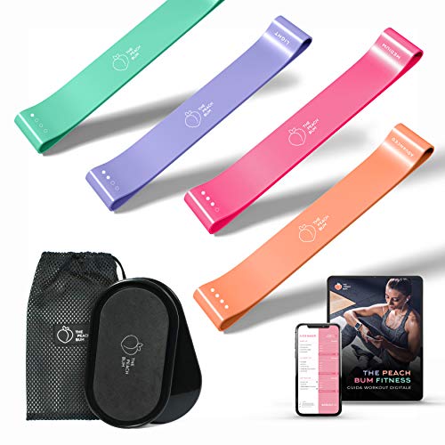 Twiclo Set Bandas Elásticas Fitness Mujer Glúteos y Piernas + Discos Entrenamiento - Pack 4 Cintas de Resistencia para Deporte en Casa + 2 Sliders para Rutina de Suelo + Manual Ejercicio Inglés