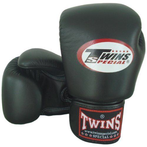 Twins Special Muay Thai - Guantes de piel para Muay Thai, color negro, azul, rosa, rojo, blanco, 8-10-12-14 onzas (negro, 14 onzas)