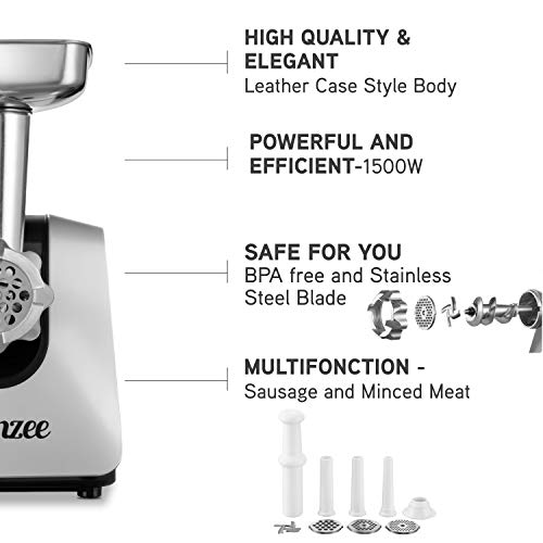 Twinzee Picadora de Carne Eléctrica 1500W (Negro) - para Carne y Salchichas - Robot Cocina, Picador de Carne con 3 Placas de Corte y 3 Boquillas para Salchichas - Picadora Profesional