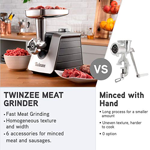 Twinzee Picadora de Carne Eléctrica 1500W (Negro) - para Carne y Salchichas - Robot Cocina, Picador de Carne con 3 Placas de Corte y 3 Boquillas para Salchichas - Picadora Profesional